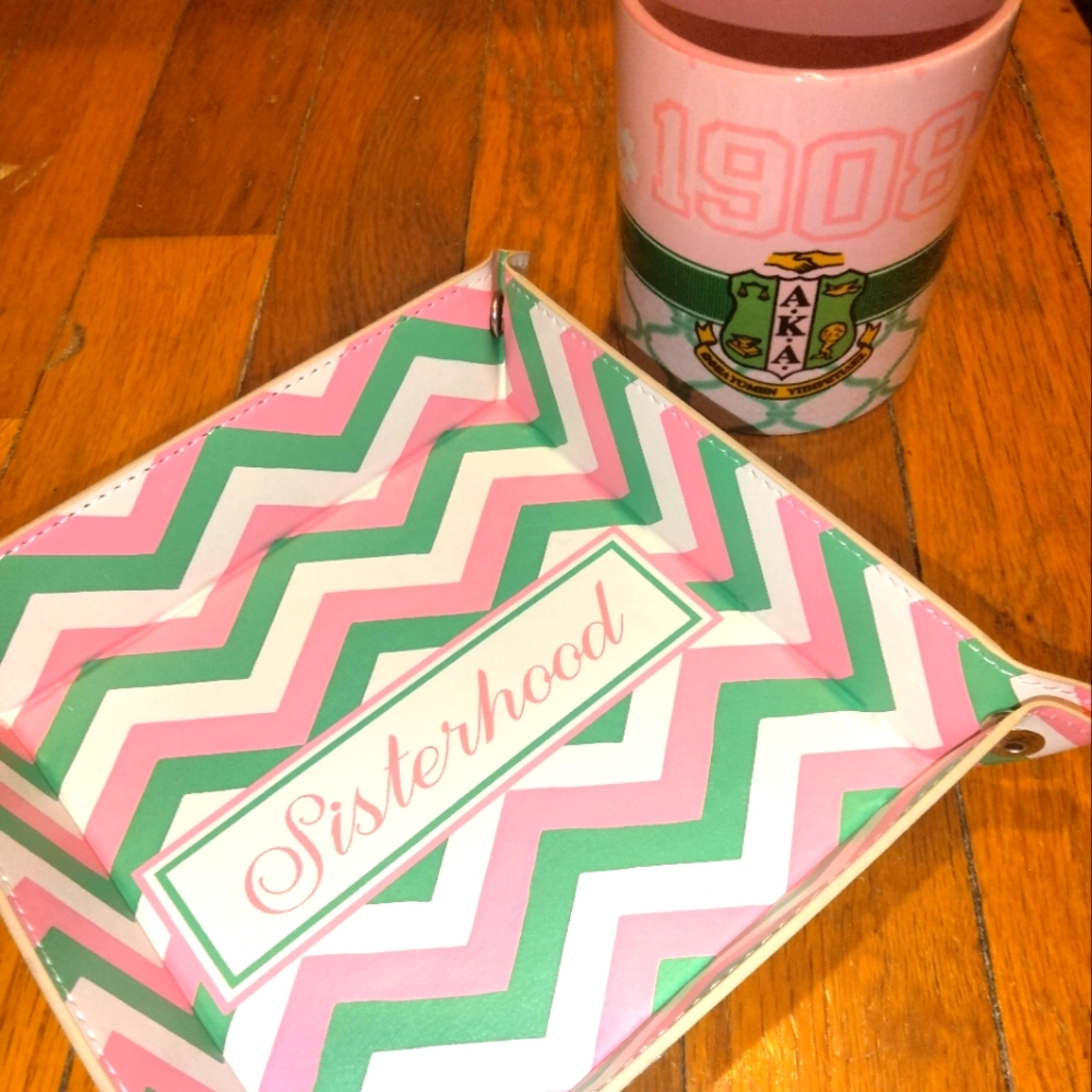 AKA Sorority Sisterhood Pink and Green Leather Tray & Coffee Cup Gift Set Bundle